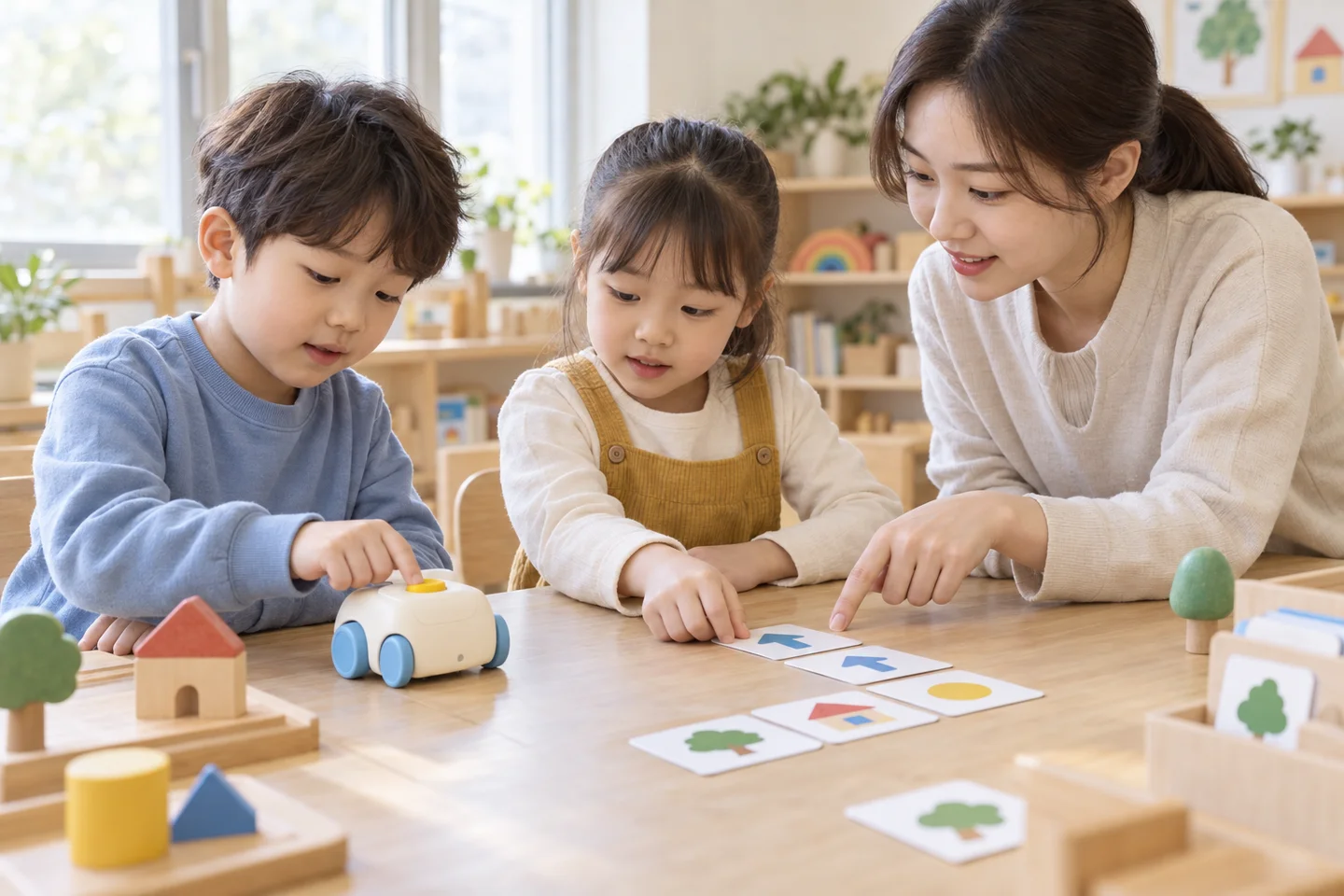 아이들이 코딩 로봇과 그림 카드를 직접 조작하는 체험 장면 · AI 콘셉트 이미지