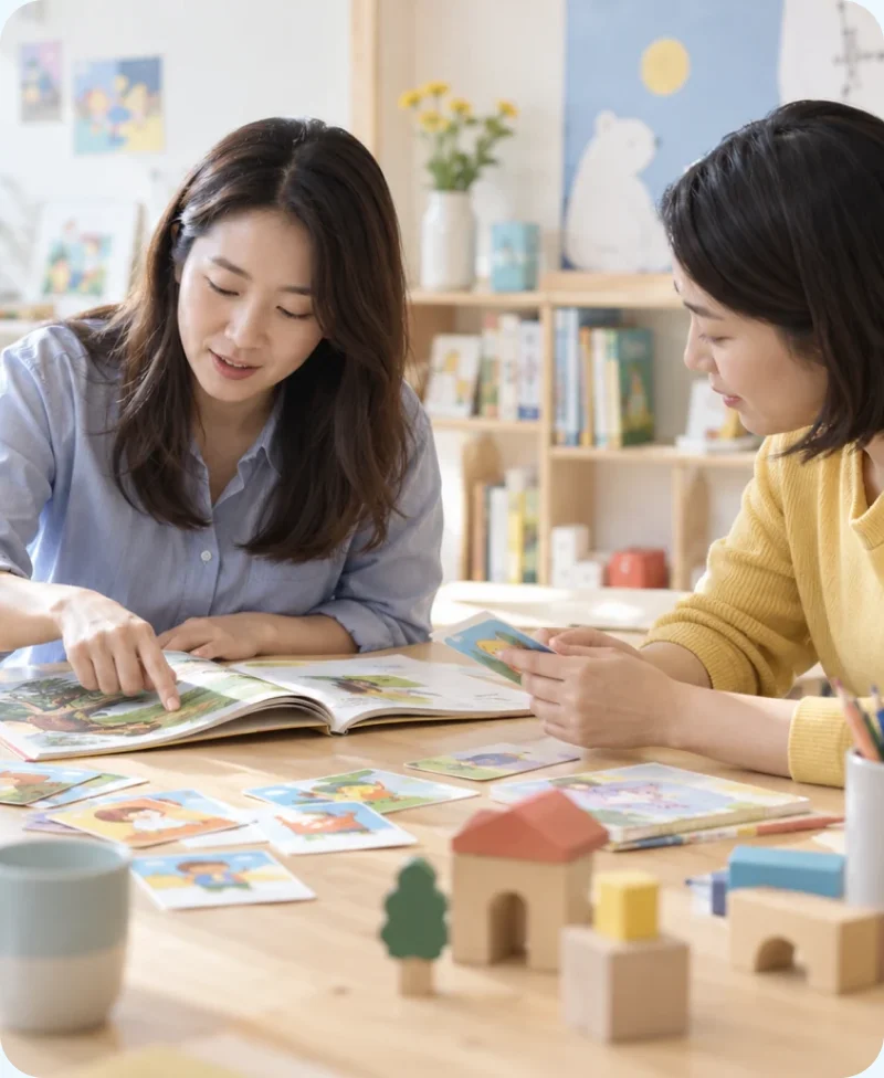 그림책과 카드를 펼쳐 놓고 수업을 함께 준비하는 두 선생님